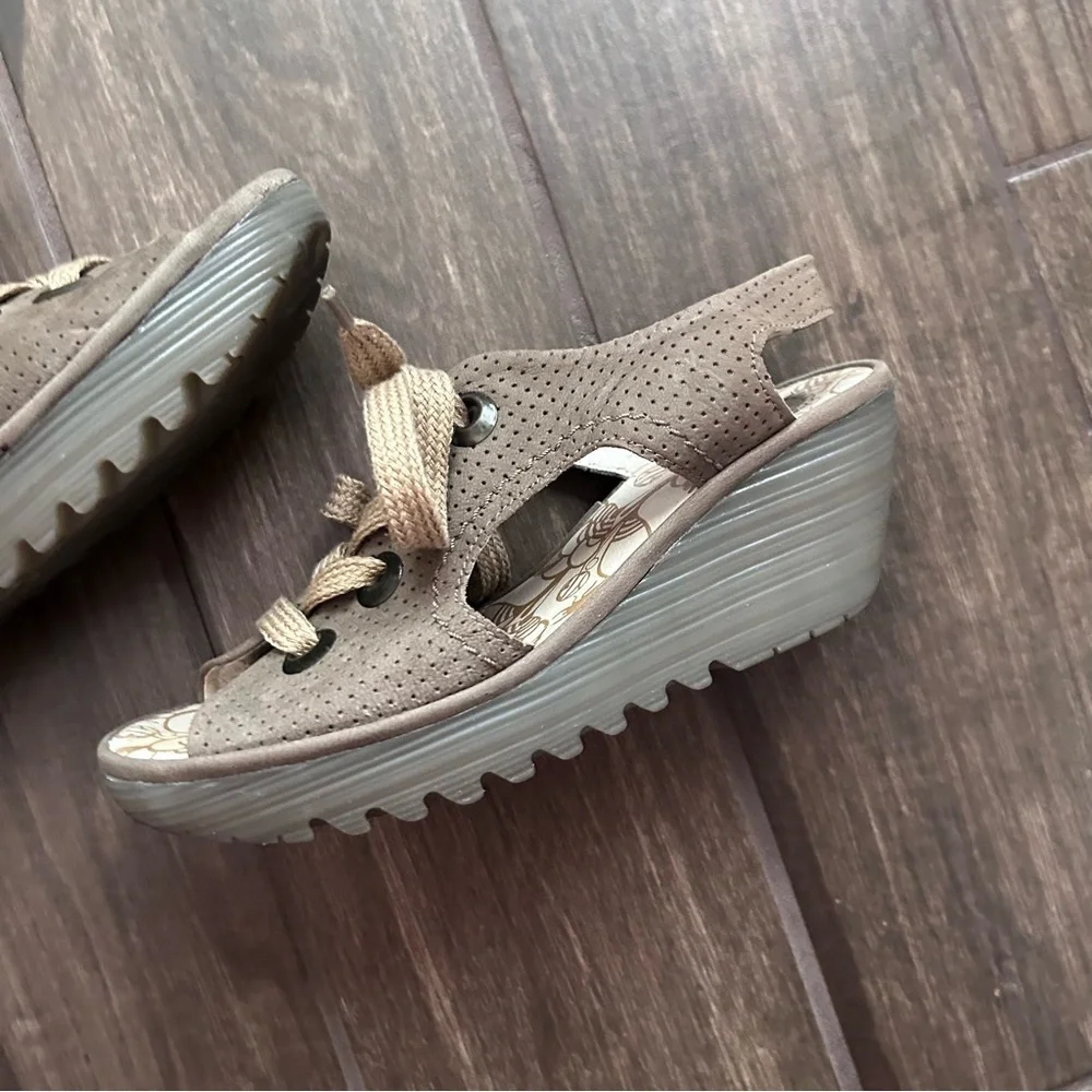 FLY London Luna Perforated Suede Lace-Up Wedge Sandals Sz 8/8.5